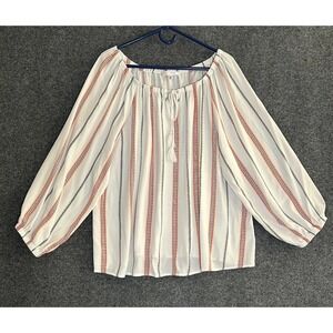 White W/Colorful Stripes Boho Peasant Top Balloon Sleeve - Women's 2X